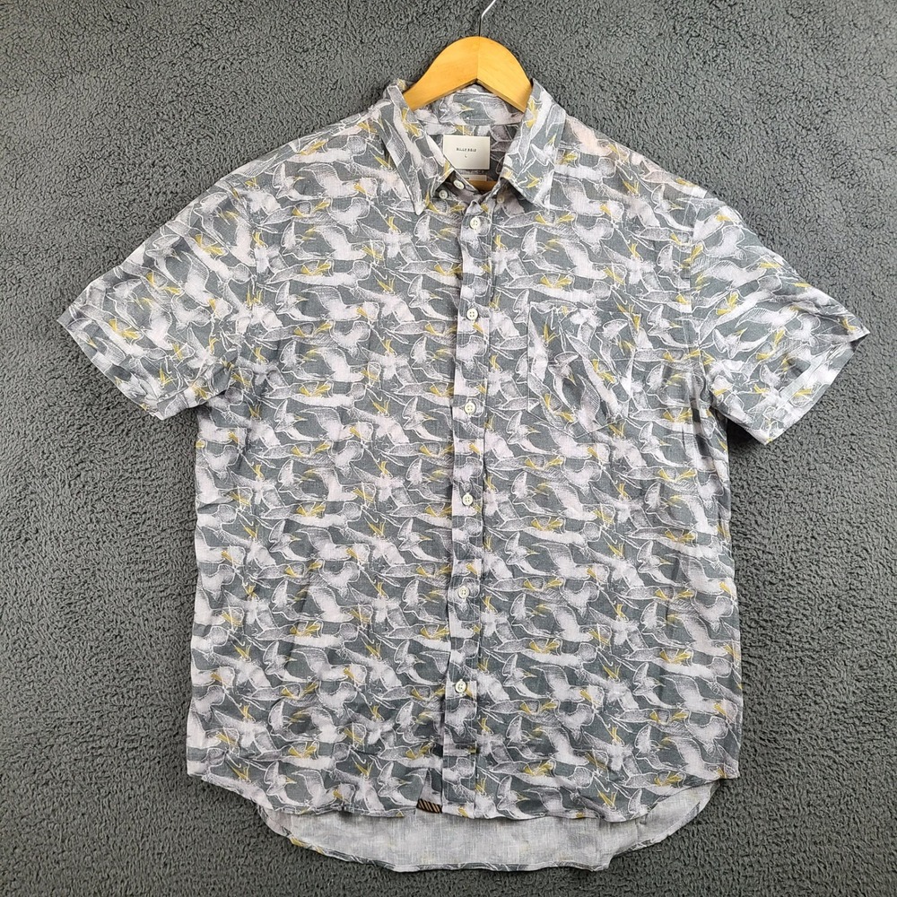 Billy Reid Mens Large Pelican Print Cotton Linen Short Sleeve Button Down Shirt